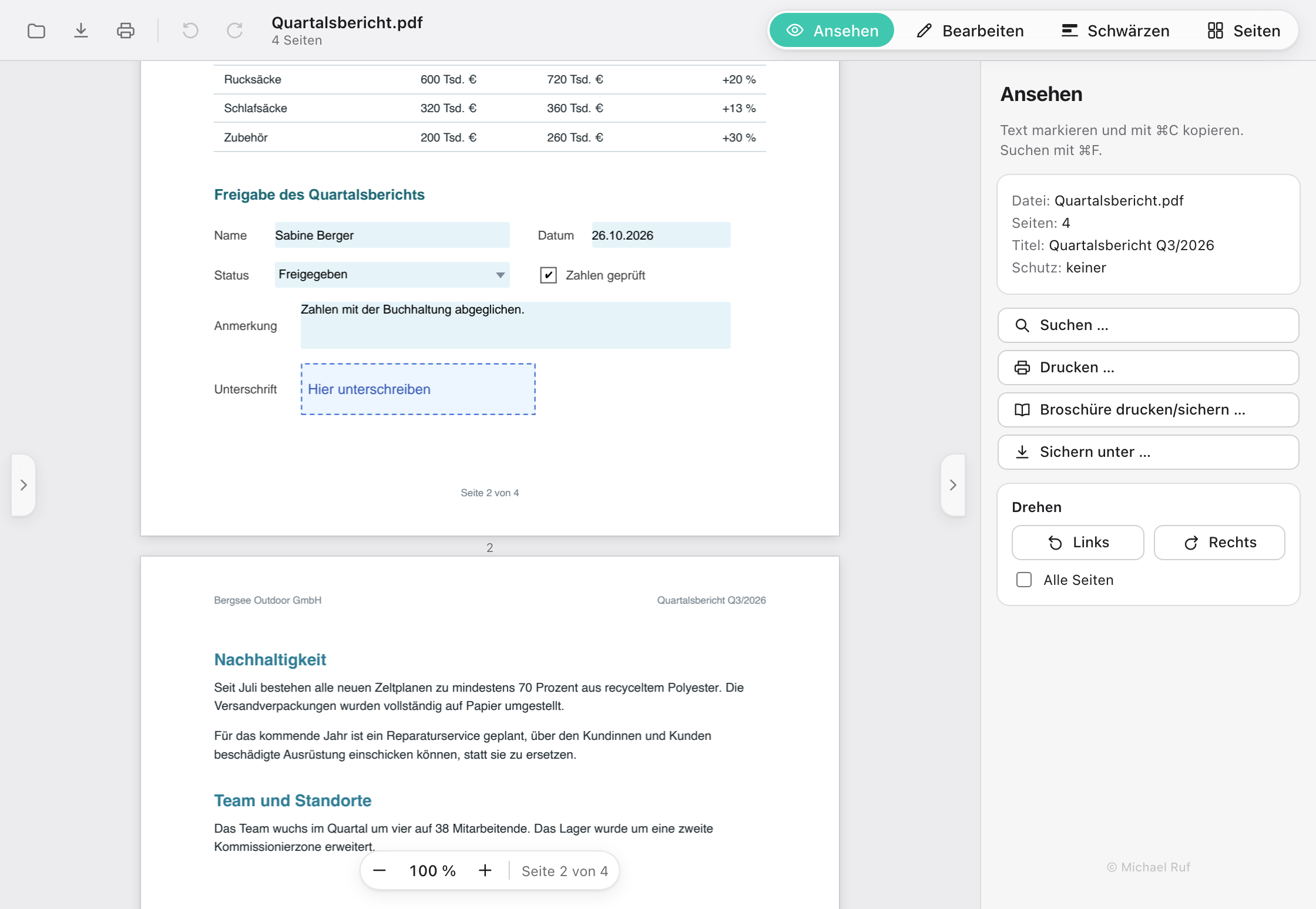 Das ausgefüllte Formular in der Ansicht „Ansehen“: Name, Datum, Status „Freigegeben“, Haken bei „Zahlen geprüft“ und eine Anmerkung